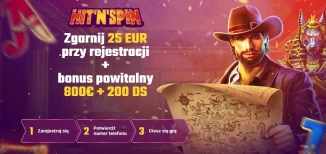 HitNSpin – zrzut ekranu banera rejestracji z pakietem powitalnym, okładka recenzji kasyna