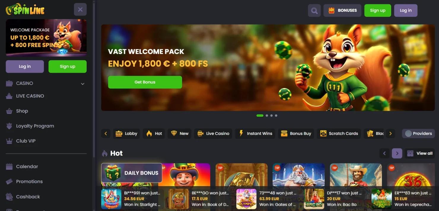 SpinLine – zrzut ekranu lobby z kategoriami Hot, New, Live Casino, Instant Wins i Bonus Buy